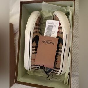 Burberry Beige Black and White Check Canvas Slip-On Sneakers